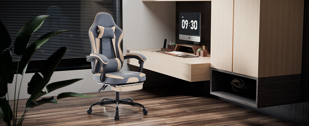 Gaming Chair, Ergonomic Computer Chair With Footrest And Massage Lumbar Support, Height Adjustable Swivel Video Game Chair For Adults, 300lb Max, Blue Beige