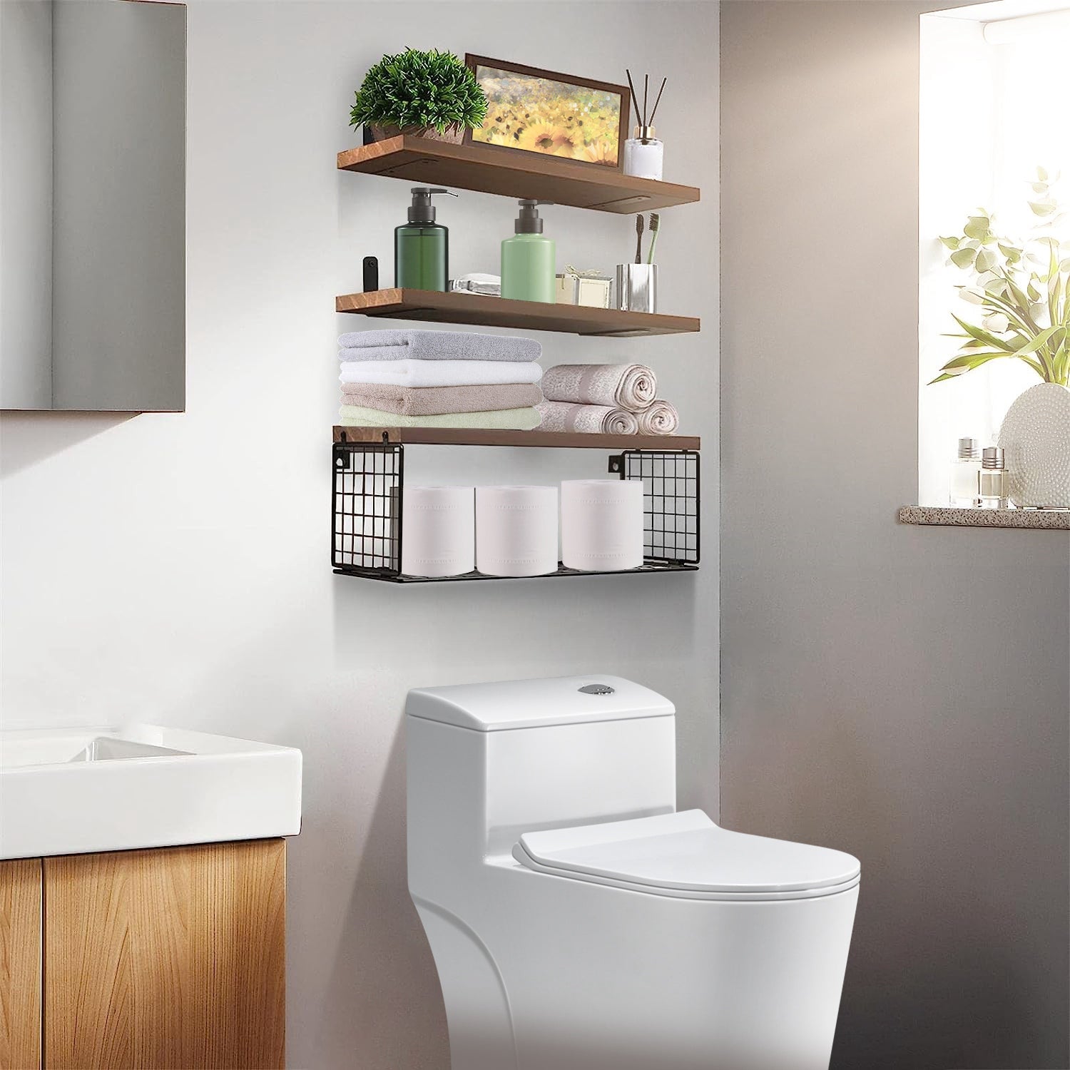 2 In 1 Floating Shelves Wall Mounted With Storage Basket Bathroom Shelves Over Toilet Wooden Shelves For Bedroom Living Room Kitchen Office Wall Decor Plants
