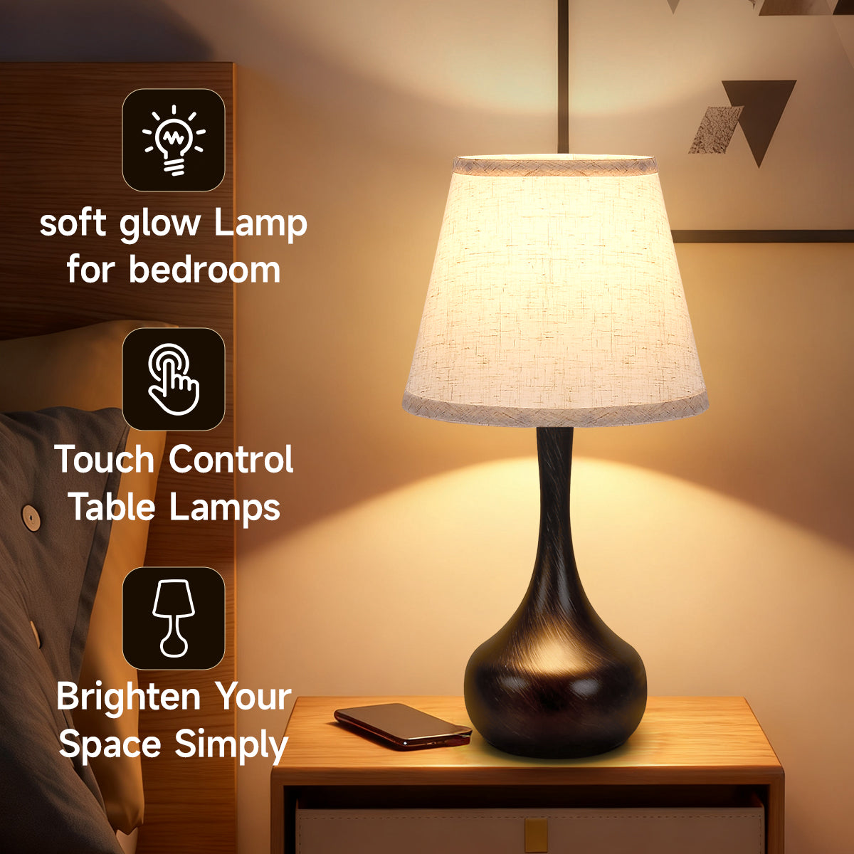 Touch Lamps For Nightstand Bedside Lamps Set Of 2, 3 Way Dimmable Light For Bedoom, Desk, Living Room,Sofa Table-LED Bulbs Included