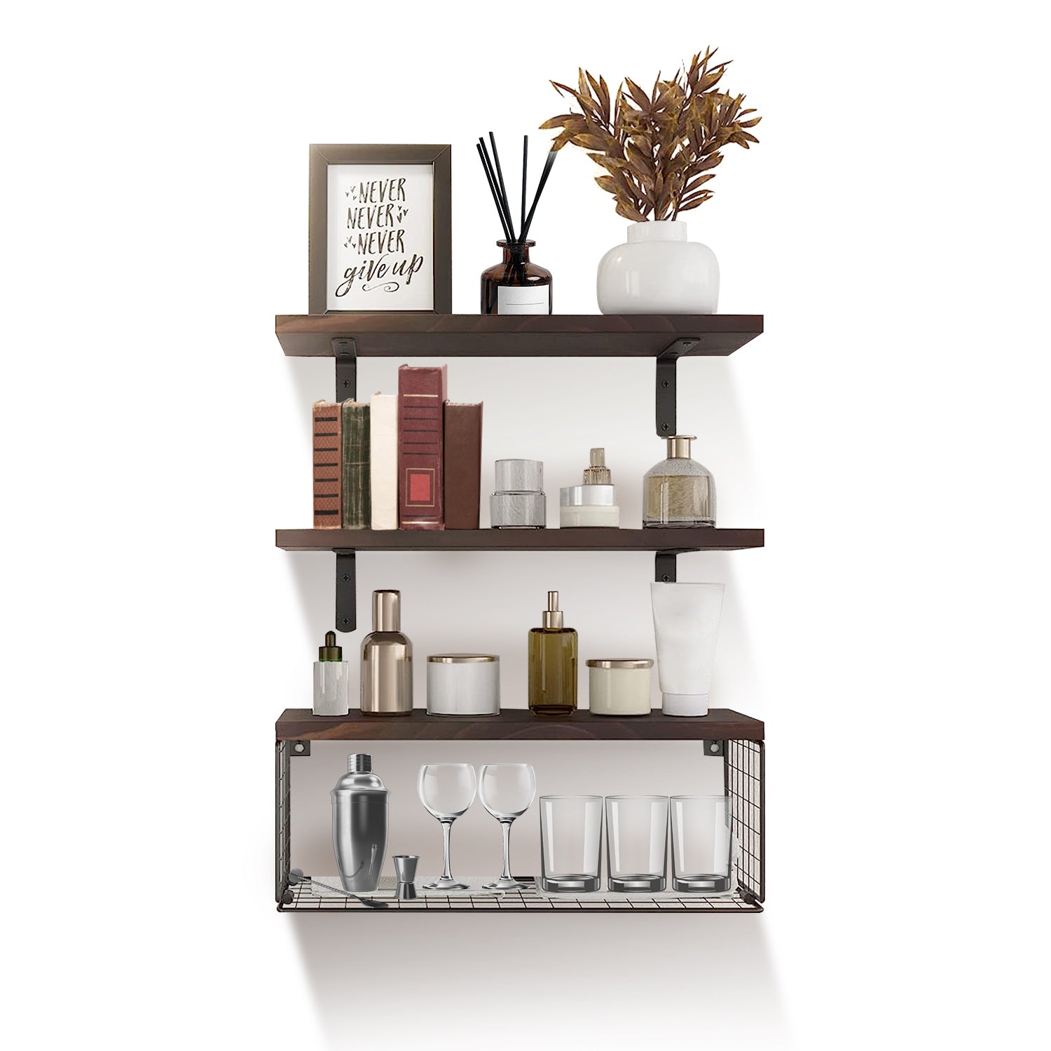 2 In 1 Floating Shelves Wall Mounted With Storage Basket Bathroom Shelves Over Toilet Wooden Shelves For Bedroom Living Room Kitchen Office Wall Decor Plants
